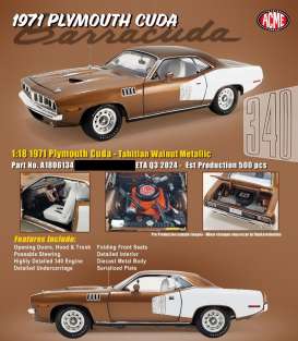 Plymouth  -  Cuda 1971 brown/white - 1:18 - Acme Diecast - 1806134 - acme1806134 | Toms Modelautos